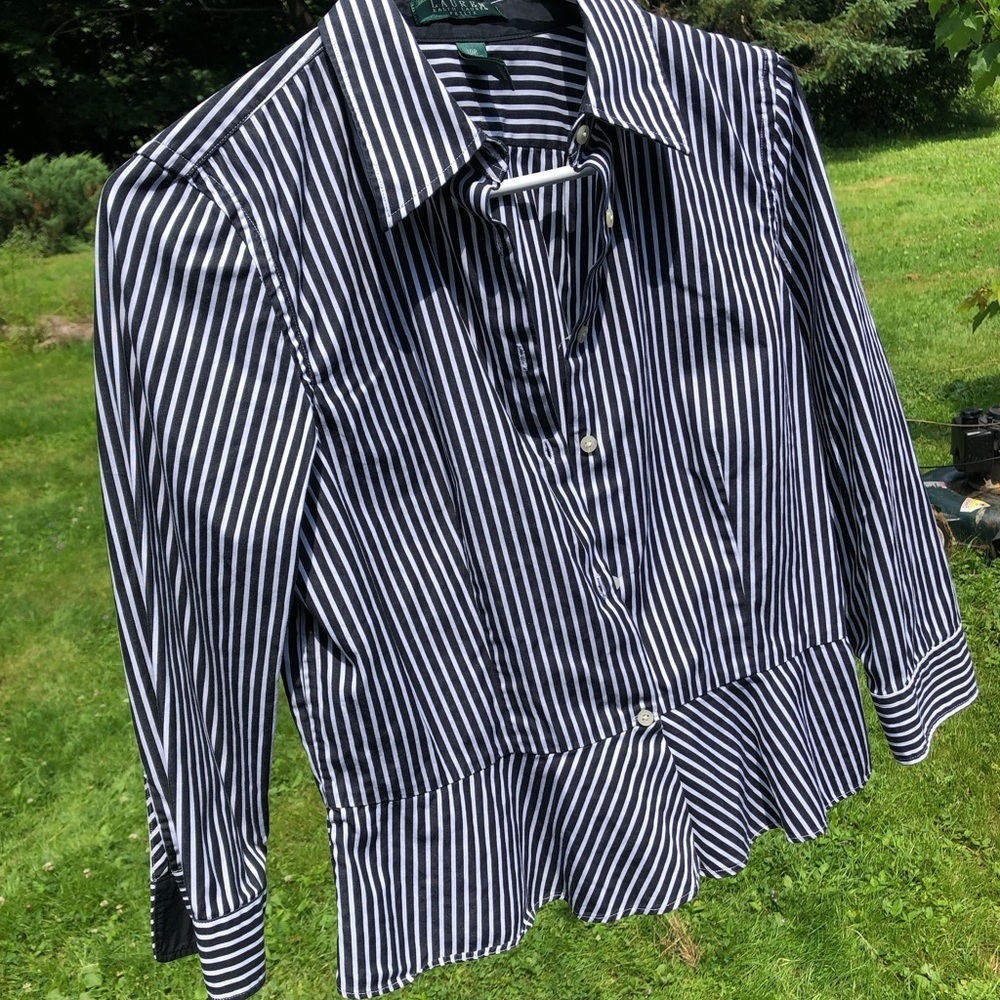 Lauren Ralph Lauren Black and White Striped Peplum Button Down Shirt - Picture 9 of 16